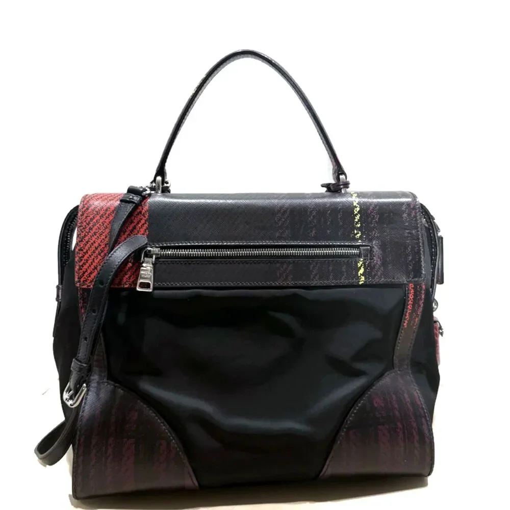 Prada Tessuto Nylon Saffiano Tartan Print Satchel - Red/Purple